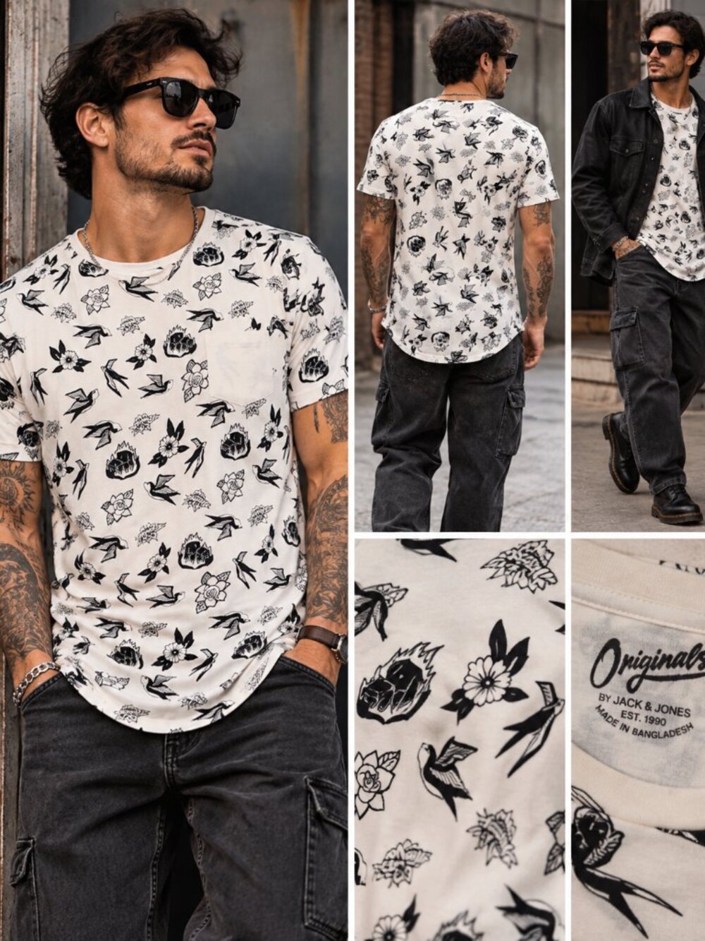 758 - Jack & Jones Originals Tattoo Flash Graphic Longline T-Shirt